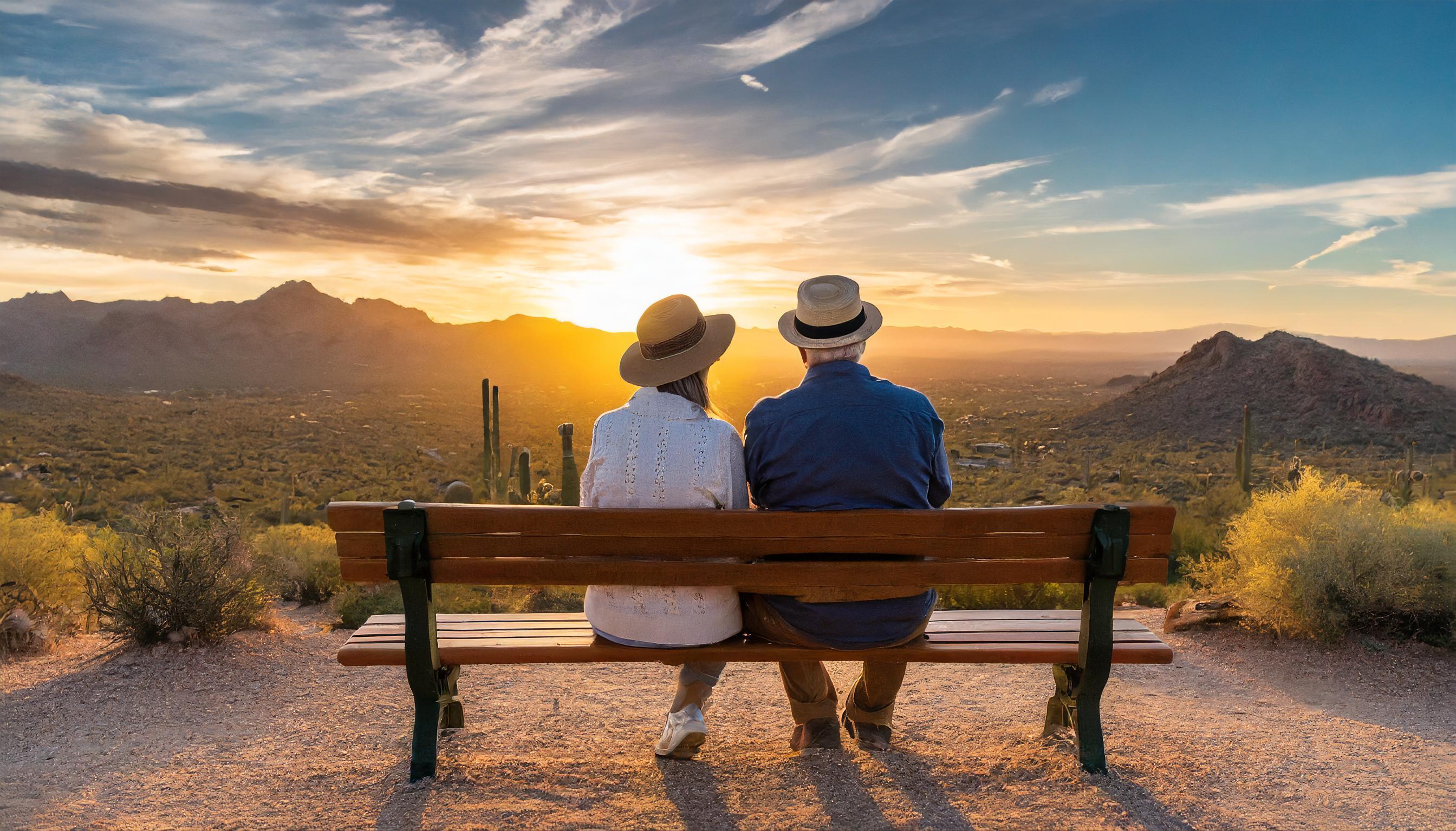 Older couple from behind sitting on a bench overlooking the Sonoran desert at sunset