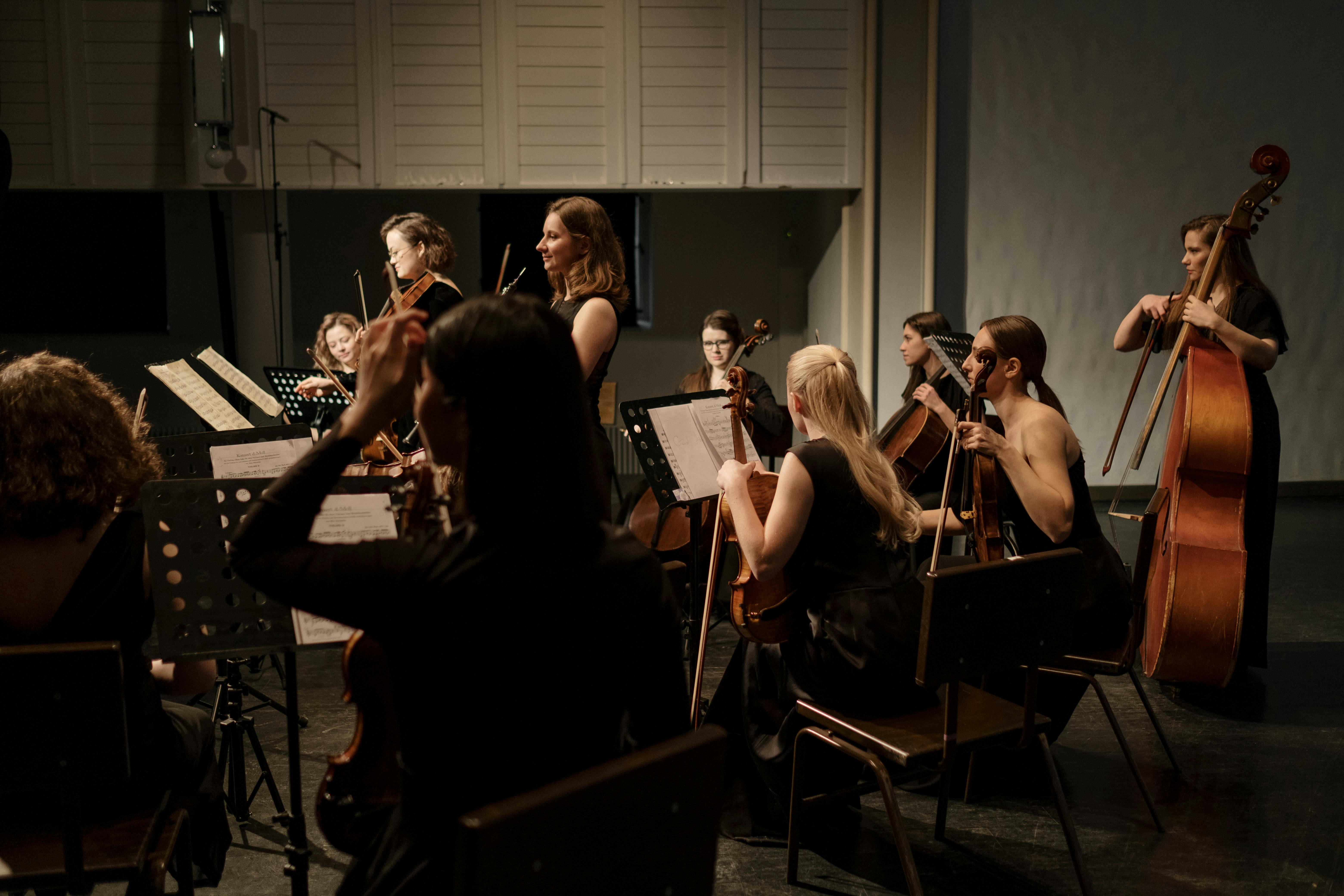 Small orchestral ensemble of approximately 10 women, wearing all black clothing and holding various classical instruments