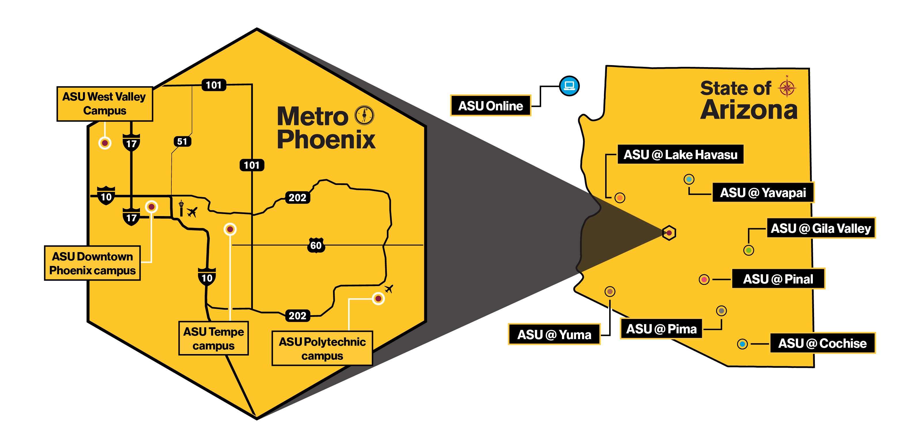 Map of all ASU campus and satellite campus locations